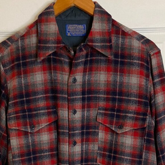 Vintage Pendleton Pure Virgin Wool Red Blue Gray Plaid Flannel Shirt Size 15 1/2 - Picture 2 of 7